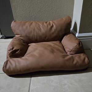 Brown Faux Leather Dog Sofa Bed - Plush Bolster Pet Lounger